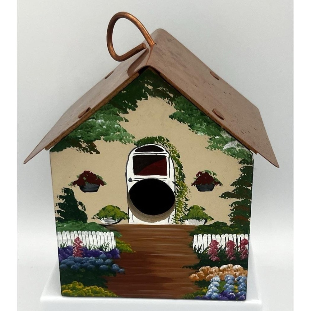 Polly's Perch Hand Painted Signed Birdhouse Copper Roof 1995 Vintage 6.5x5"